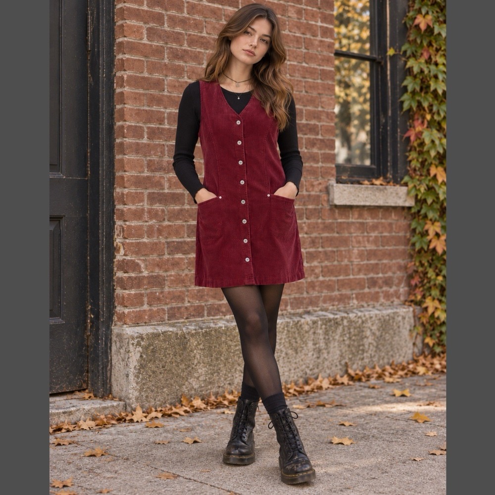 GAP Vtg Red Corduroy Jumper Dress XS Sleeveless Button Front Fall Indie Grunge